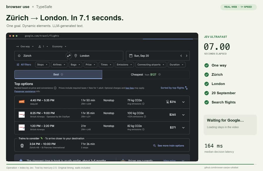 A browser agent’s results page: Zürich to London flights found in 7.1 seconds, with a list of per-step timings down the side.