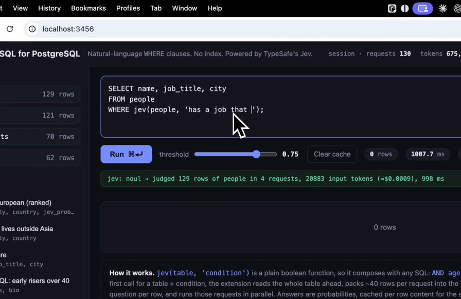 A query tool titled Fuzzy SQL for PostgreSQL running SELECT name, city FROM people WHERE jev(people, ‘person has a name but lives inside asia’), with the matching rows listed below.