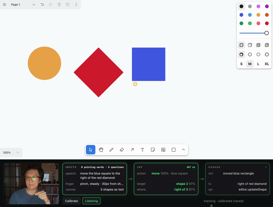 A drawing canvas holding an orange circle, a red diamond and a blue square, with a webcam feed and a log of spoken commands along the bottom.
