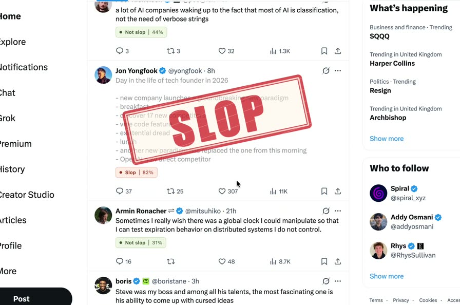 An X timeline with three posts: the middle one carries a red SLOP stamp and a Slop 82% badge, the ones above and below carry green Not slop badges at 44% and 31%.